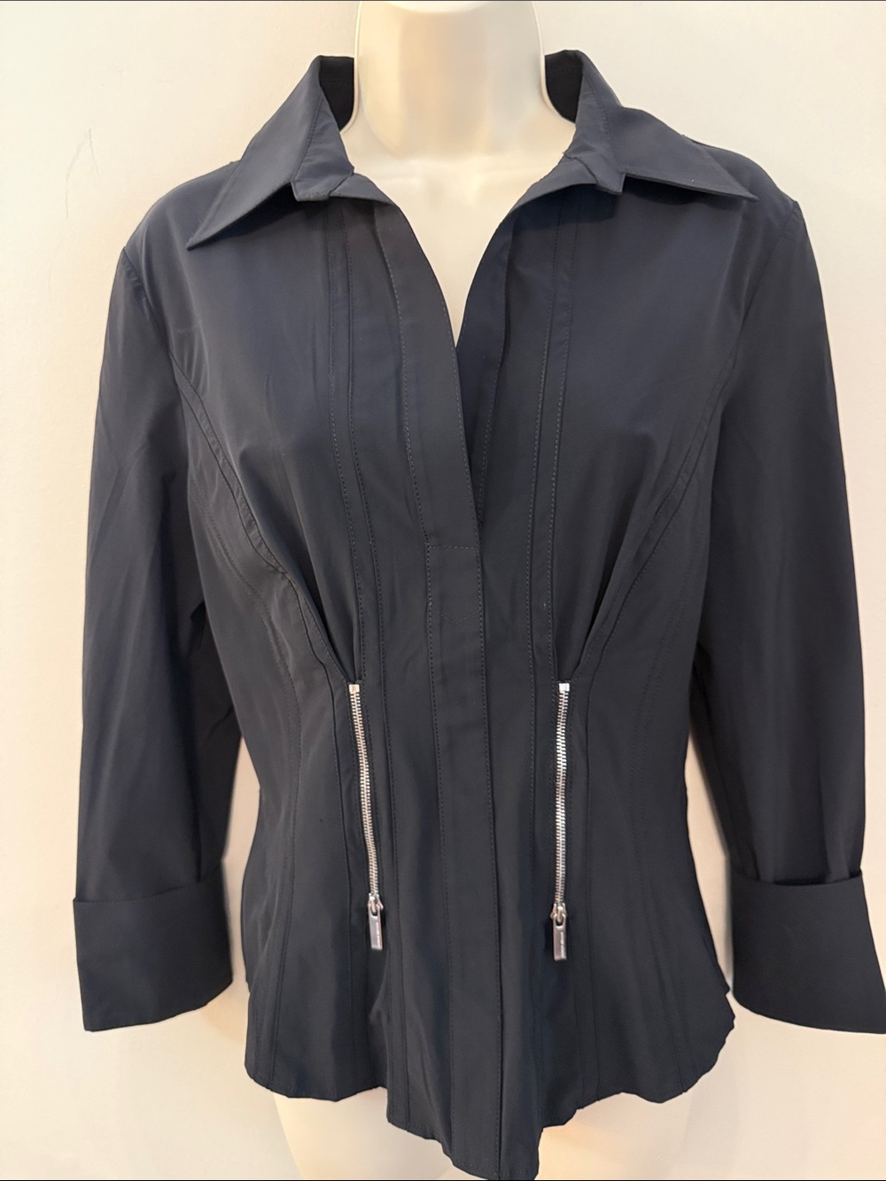 Karen Millen Black Zip-Detail Tailored Blouse Classic Edgy Evening Size 12